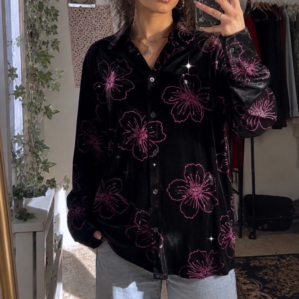 VTG velvet sparkly longsleeve‎ button down shirt jacket goth witchy grunge